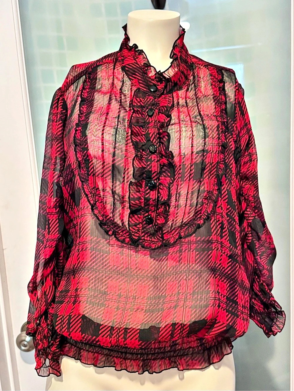Y2K Miley Cyrus Plaid Ruffle Hem Top in Red & Black XL Like New